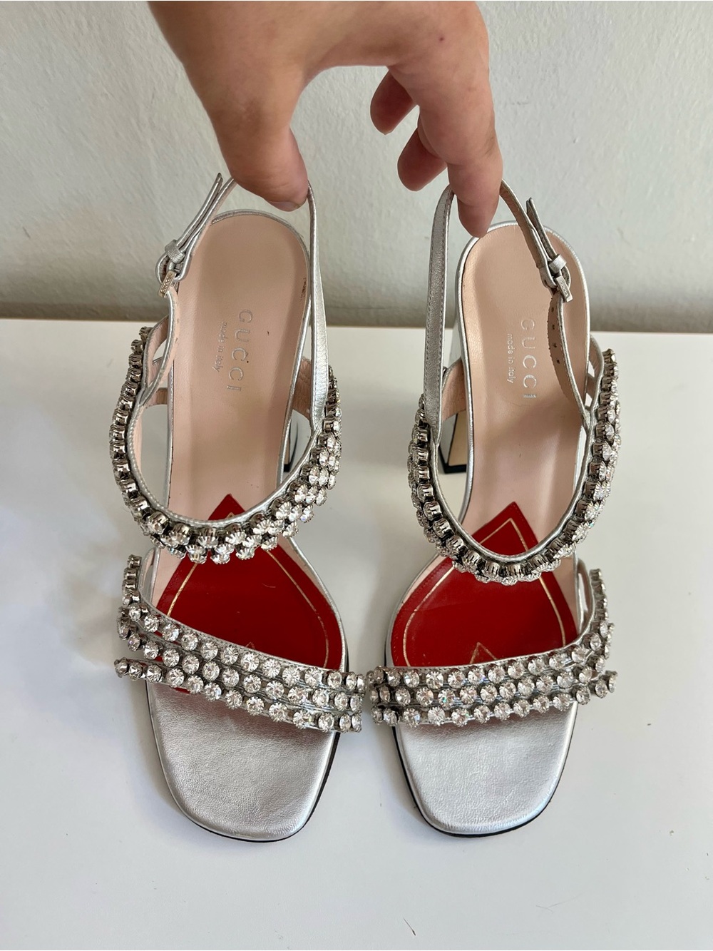Gucci Bertie Crystal Metallic Leather Sandals Size 36.5 - Picture 6 of 16